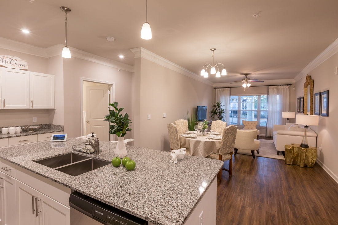 image of the livingroom from kitchen in condo at Parc Gardens - Luxury Adult Living - River Ranch - Lafayette La
