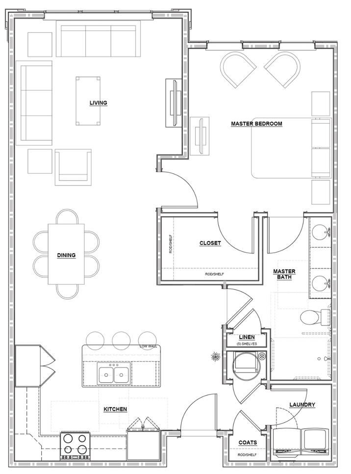 Image of the dimensions of 1 bedroom condominium - Apartments in Lafayette LA - Pace Gardens - 55+ Elevated Living Community
